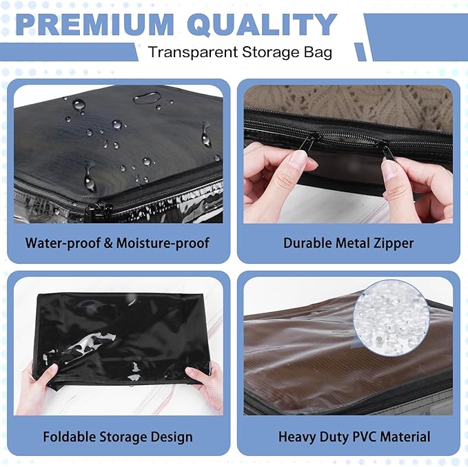 Heonay Clear Zippered Storage Bags Plastic Sweater Storage Bags with Zipper 6 Packs Clothing Organizer for Blankets Linen Sweater Bed Sheet Quilt Clothes Pillow (12 x 12 x 4 Inch, Black)