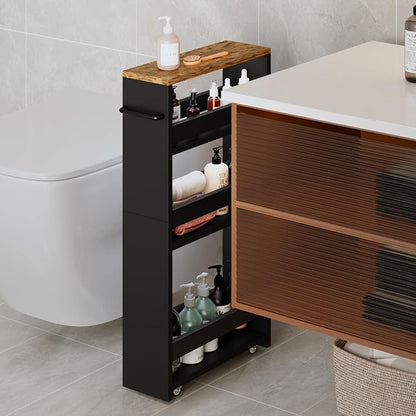 MARTY Rolling Storage Cart 4-Tier Black Kitchen Cart with Wheels, Slim Storage Cart with Handle Slide Out Utility Cart Shelving Unit Organizer Trolley for Laundry Narrow Places Bathroom Small Corner