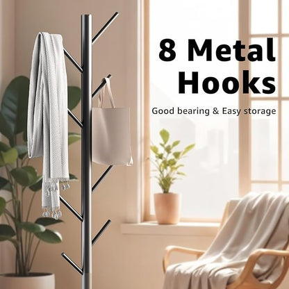 Coat Rack with Natural Marble Base, Metal Freestanding Coat Rack with 8 Hooks, 3 Adjustable Size Sturdy Coat Tree for Bags, Coats, and Hats for Entryway, Hallway, Bedroom, Office, Black