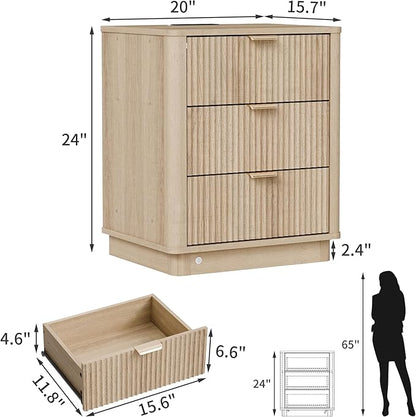BONITURE 20'' Fluted Night Stand Set of 2, Curved Nightstands with Charging Station Lighting, Wood End Table with 3 Drawers, Modern Side Table Storage Cabinet for Bedroom Office,(2, Natural)