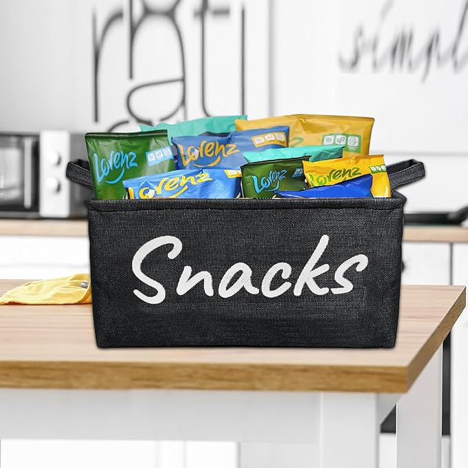 2PCS Snack Bin for Pantry - Snack Storage Basket Organizer for Storing Chips, Cookies, Pretzels, Popcorn and more - Kitchen Organization (Black)