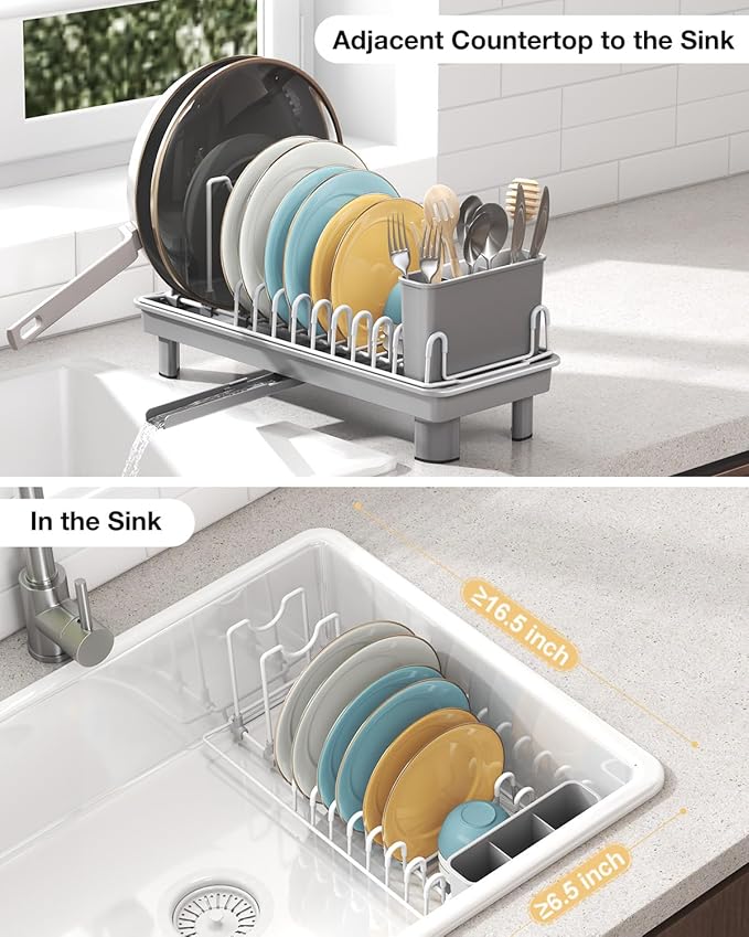 Nfnoyp Dish Rack, Carbon Steel Small Dish Drying Rack Rustproof for Kitchen Counter, Compact Space-Saving Dish Drainer with Adjustable Slots for Small Kitchens & Apartments, 16.5×6.5×7inch, Grey