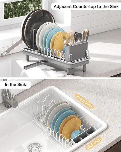 Nfnoyp Dish Rack, Carbon Steel Small Dish Drying Rack Rustproof for Kitchen Counter, Compact Space-Saving Dish Drainer with Adjustable Slots for Small Kitchens & Apartments, 16.5×6.5×7inch, Grey