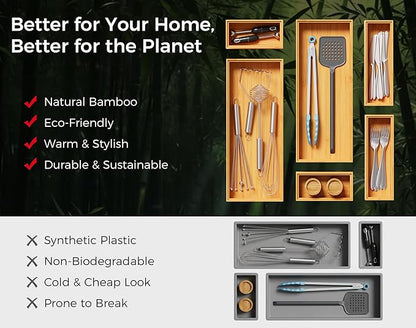 Bamboo Kitchen Drawer Organizer Boxes – 12" x 3" Stackable Wood Silverware Utensil Tray for Drawers Bins, Cutlery & Flatware Storage – Wooden Organizers Set of 2 for Junk Drawer, Bathroom, RV