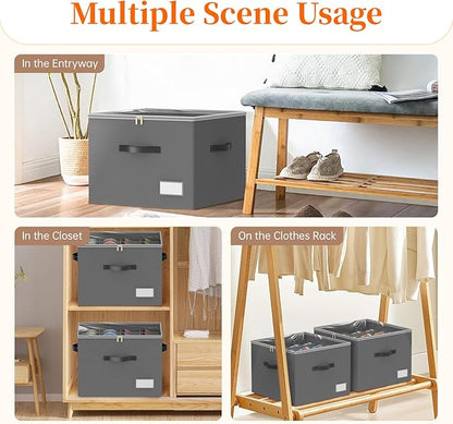 3 Pack Shoe Organizer for Closet, Foldable Shoe Storage Containers, Fits up to 24-48 Pairs, Shoe Storage Organizer Box Cubby Baskets Bins with Clear Cover and Reinforced Handles, Gray