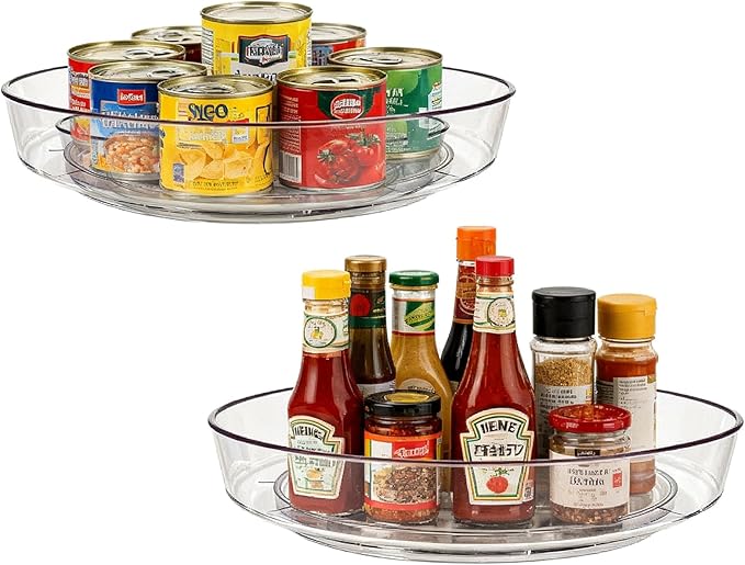 Lazy Susan Turntable for Spice Organization | Clear BPA-Free Plastic Rotating Organizer for Kitchen Cabinet, Pantry, Countertop, Fridge | 360-Degree Rotating Base (10 inch - 2 Pack)