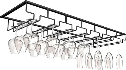 7-Row Stemware Rack - Under Cabinet Wine Glass Holder - Black Metal Hanging Shelf for Kitchen and Bar - Holds Up to 22 Glasses