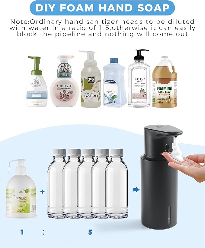 DODO MEKIA Automatic Foaming Soap Dispenser Touchless, 304 Stainless Steel Bottle Body & 16.2oz/480ml,USB Rechargeable, 3 Adjustable Liquid Levels, IPX7 Waterproof, for Kitchen Bathroom, Black