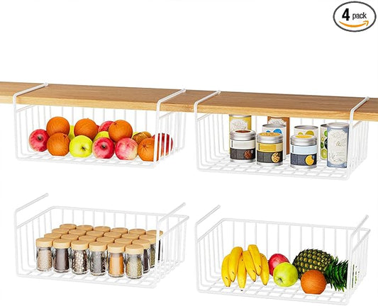 SUFAUY 4-Pack Under Cabinet Shelf Basket, Wire Rack Storage Organizer Holds up to 22lbs for Kitchen Pantry or Refrigerator, 10.6“d x 16" w, White