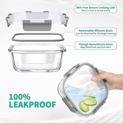 34pcs Glass Food Storage Containers with Lids Set, Airtight Glass Meal Prep Containers (17 Containers & 17 Lids), Leak Proof Lunch Container BPA-Free, Microwave, Oven, Freezer, Dishwasher Safe-Grey