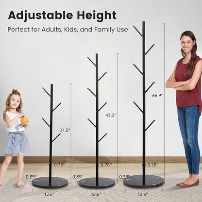 Freestanding Coat Rack with Marble Base, 4 Height Adjustable Standing Metal Coat Tree with 7 Hooks, Space-Saving Hat Clothes Coat Stand for Entryway, Bedroom, Office (Black)