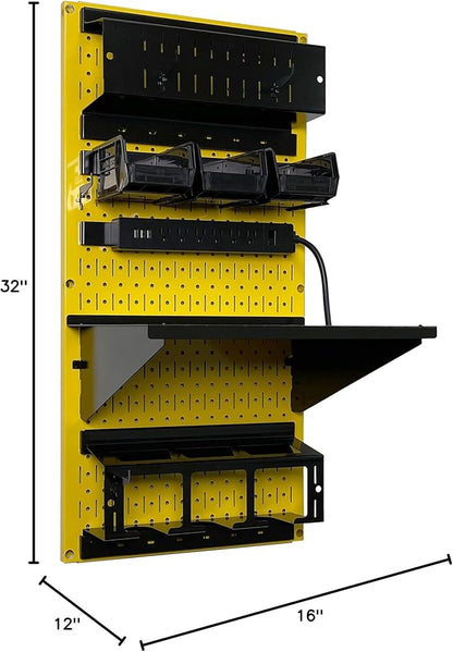 Wall Control Power Tool Storage Organizer Kit Cordless Drill Holder Charging Station Rack 16” x 32” Metal Pegboard Organization System (Yellow Pegboard)