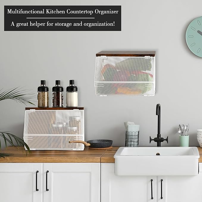 2 Pcs Stackable Mesh Fruit Basket with Lid Wall Produce Vegetable Storage Basket Onion Potato Snack Hanging Metal Wire Container for Kitchen Counter Pantry(Non-removable,White,8.3"w & 13.8"l)