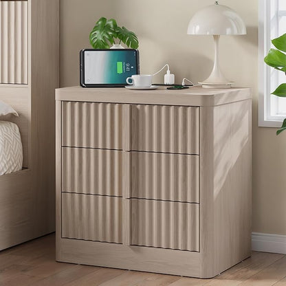 Harpaq Fluted Nightstand with Charging Station, 23.6" Night Stand with Solid Wood Handle, Mid Century Modern Bedside Table End Table 3 Drawer Dresser for Bedroom, Living Room, White Alder