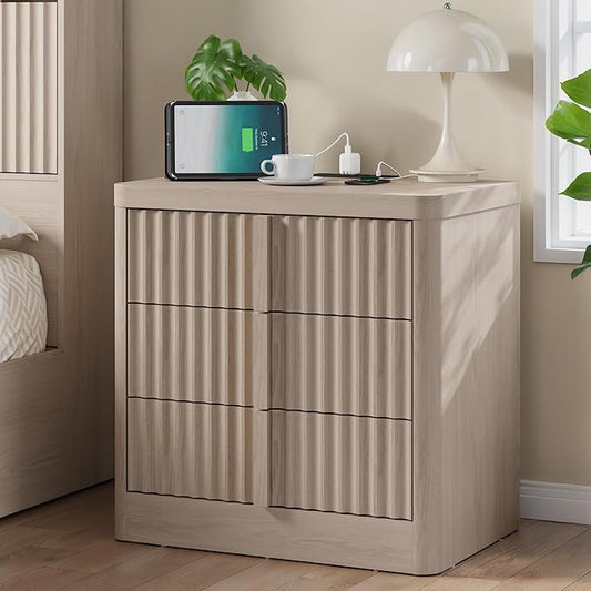 Harpaq Fluted Nightstand with Charging Station, 23.6" Night Stand with Solid Wood Handle, Mid Century Modern Bedside Table End Table 3 Drawer Dresser for Bedroom, Living Room, White Alder