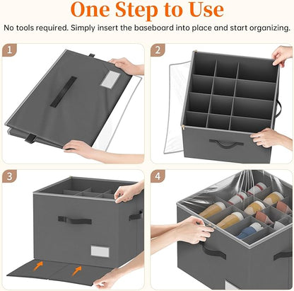 3 Pack Shoe Organizer for Closet, Foldable Shoe Storage Containers, Fits up to 24-48 Pairs, Shoe Storage Organizer Box Cubby Baskets Bins with Clear Cover and Reinforced Handles, Gray