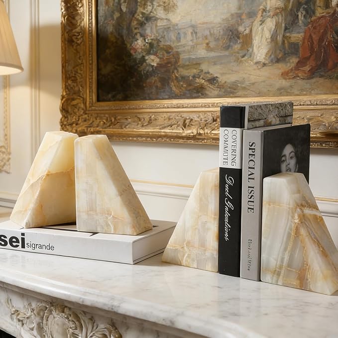 Marble Bookend for Heavy Books, Decorative Bookends for Shelves, Durable and Heavy-Duty Book End for Hardback Book & CDS, Unique Stopper & Holder, Green Onyx, Set of 2