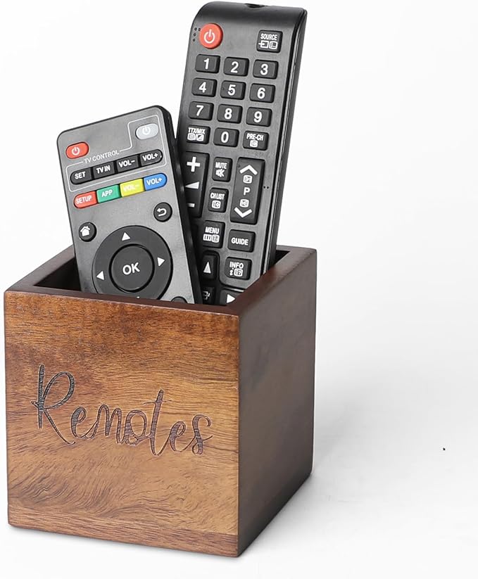 Acacia Wood TV Remote Holder, Caddy and Organizer for Table, Vintage Farmhouse Desk Caddy (Brown for 2 or 3 Remote Controls)
