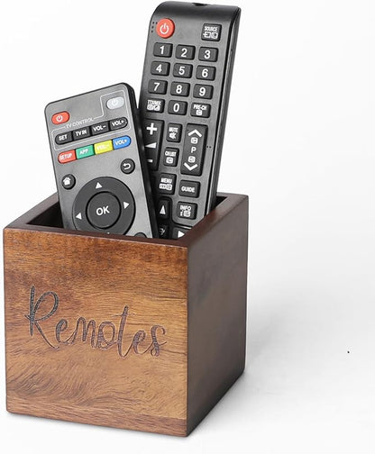 Acacia Wood TV Remote Holder, Caddy and Organizer for Table, Vintage Farmhouse Desk Caddy (Brown for 2 or 3 Remote Controls)