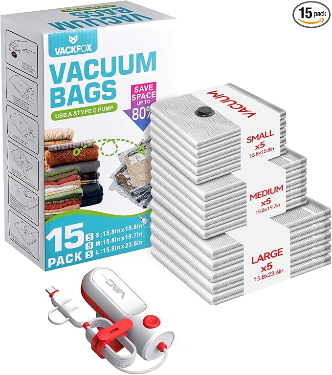 VACKFOX Vacuum Bags for Travel with USB and TYPE C Pump, 15 Pack Carry-on Size Compression Packing Bags for Luggage and Suitcase, Space Saver for Clothes and Clothing Travel（Red）