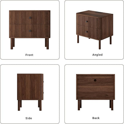 FavourLife Night Stand with Charging Station, 24" Large Fluted Nightstand with Rounded Corners & Solid Wood Legs, 2 Drawers End Table with Storage, Mid Century Modern Bedside Table for Bedroom, Walnut