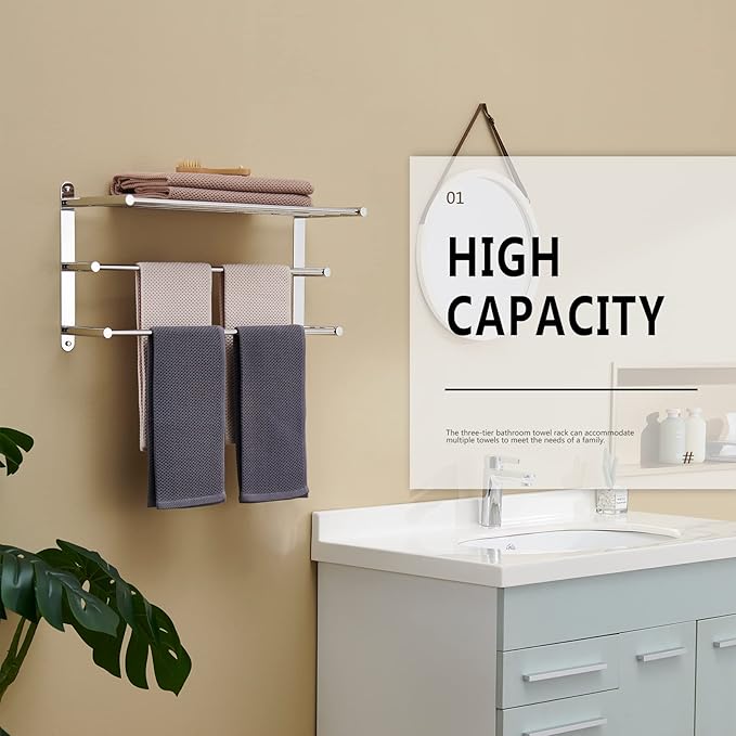 KOKOSIRI Storage Organizer Shelf Wall Mounted Double Towel bar with Shelf Bathroom Towel Rack Double Towel Rack, Polished Chrome, B5003CH