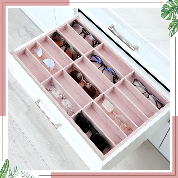 Amylove 2 Pcs Sunglass Organizer Trays Glasses Stackable Jewelry Trays Sunglass Organizer Display Box (18 Grids,Pink)