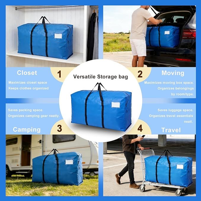 2 Pack Heavy Duty Moving Bags with Backpack Straps & Handles, Large Storage Bags with Zipper for Clothes, College Moving Supplies and Dorm Essentials (24 Gal, Blue)