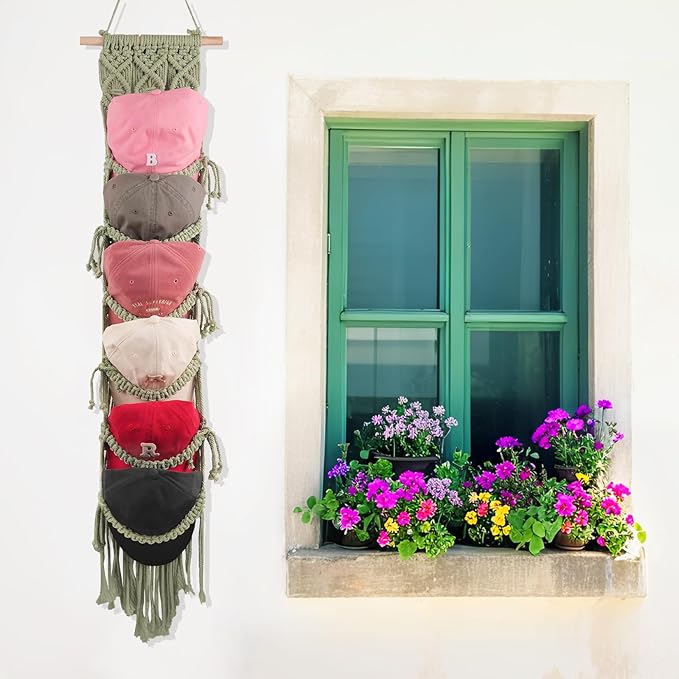 KaloKalo Macrame Cap Holder Boho Hat Hangers Over Door Ball Cap Rack Organizer Decorative Bohemian Handmade Woven Wall Hanging for Baseball Cap Display Decoration (Green, Up to 12 Caps)