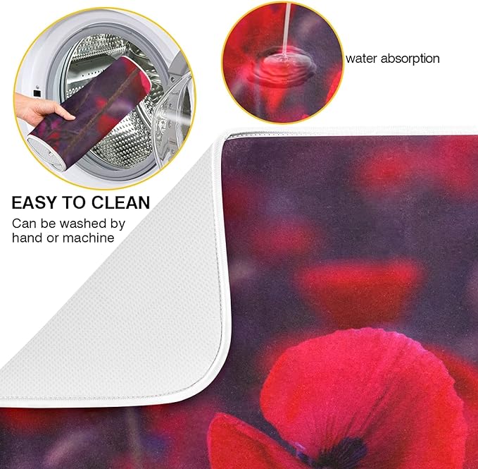 ZzWwR Magic Red Poppy 16" x 18" Absorbent Dish Drying Mat Microfiber Kitchen Countertop Table Protector Multi-Purpose Counter Rack Sink Drainer Pad