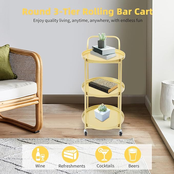 Round 3-Tier Rolling Bar Cart with Locking Wheels, Metal Serving Cart with Handle, 18" x 16" Mobile Organizer for Dining Room, Living Room, Bar (Gold)