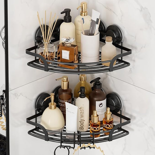 LEVERLOC 2 Pack Strong Suction Cup Corner Shower Caddy, Large Capacity Removable Bathroom Organizer, Stainless Steel Rustproof Shower Shelves with Hook, Drill-Free Wall Mounted Suction Basket, Black
