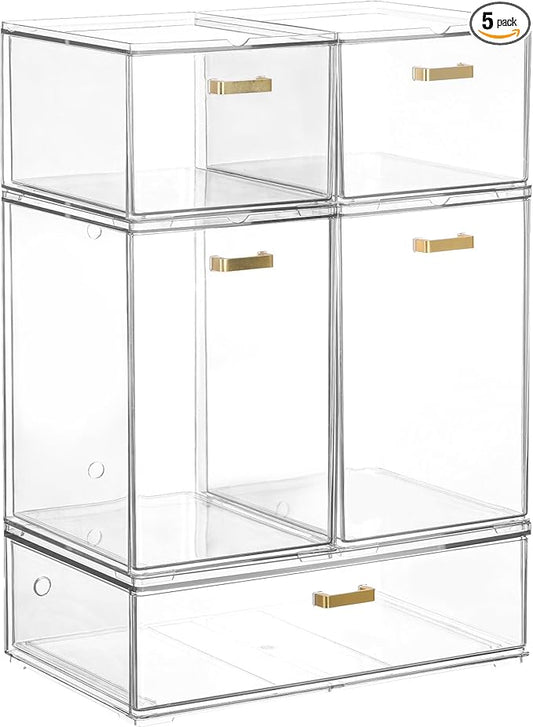 Set of 5 Stackable Storage Drawers, Clear Acrylic Organizer Bins for Beauty Supplies, Perfect for Makeup Vanity, Undersink, Kitchen, Cabinet,Pantry Organization and Storage