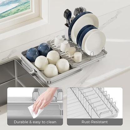 Collapsible dish drying rack,stainless steel foldable dish rack with cutlery holder,multifunctional expandable big capacity dish drainer board,Space Saving extendable dish holder