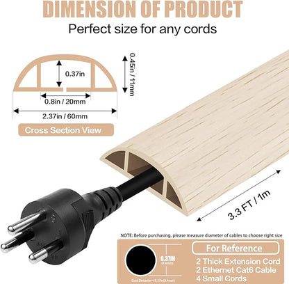 Floor Cord Cover Cavity 0.8"x0.37" Self Adhesive Cord Hider, 3.3FT Low Profile Cable Management, Extension Strip Protector for Wires, Prevent Cable Trips for Offices, Gyms, Exhibitions (Yellow Wood)