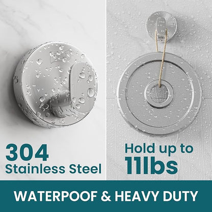 TAILI 304 Stainless Steel Bathroom Suction Hooks for Towel, Bathrobe, Loofah, No Damage Hanging Glass Shower Wall Hook, Patented Strong Suction Cup Holder, Hold Up to 11 Lbs, 2 Pack, Silver