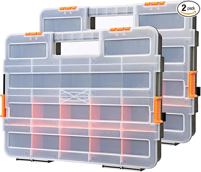 Makitoyo Tool Box Organizers, Interlocking Black Small Parts Organizer for Fasteners, Parts and Crafts w/Removable Dividers, 2 Pieces Pack, Black & Orange,15”L×11.6”W×2.6”H