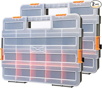 Makitoyo Tool Box Organizers, Interlocking Black Small Parts Organizer for Fasteners, Parts and Crafts w/Removable Dividers, 2 Pieces Pack, Black & Orange,15”L×11.6”W×2.6”H