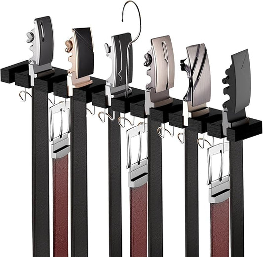Cuipingoo Belt Hanger for Closet Max 42 Belts, 2-in-1 Wall Mount Belt Organizer with 360° Rotating Hooks, Wooden Tie and Belt Rack for Closet Accessories Organizers and Storage, Black