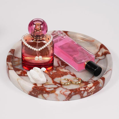LWALMS Marble Perfume Jewelry Tray - Stone Trinket Ring Key Purse Holder Dish, Round Plate Decorative Bowl for Nightstand Entryway Coffee Table Decor (7.9 inch)