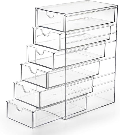 Hipiwe Plastic Drawer Organizer Clear Desktop Drawers Box with 6 Pull Out Drawer Compact Storage Box for Cabinet Vanity Bathroom Bedroom Pantry Shelf Office Closet Organization