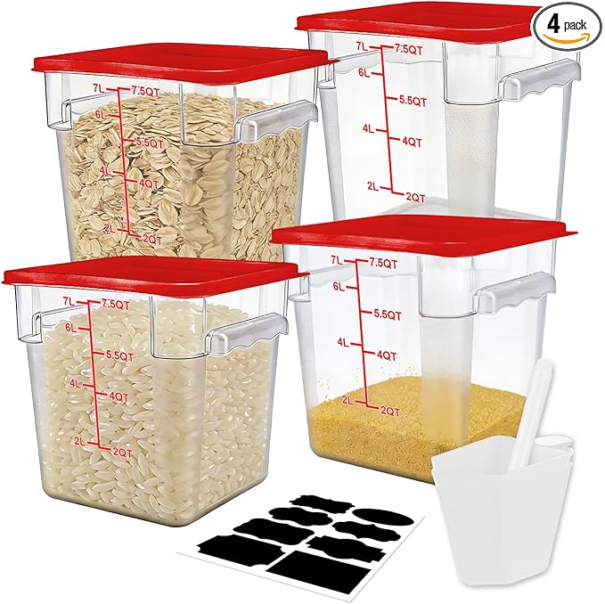 WELKOR Airtight Square Food Storage Containers with Lids 4-Pack, Lock-Tight Seal for Flour, Sugar, Cereal, Keep Food Fresh, BPA-Free Stackable Kitchen Canisters with Measurements (Red, 7.5QT-4PACK)