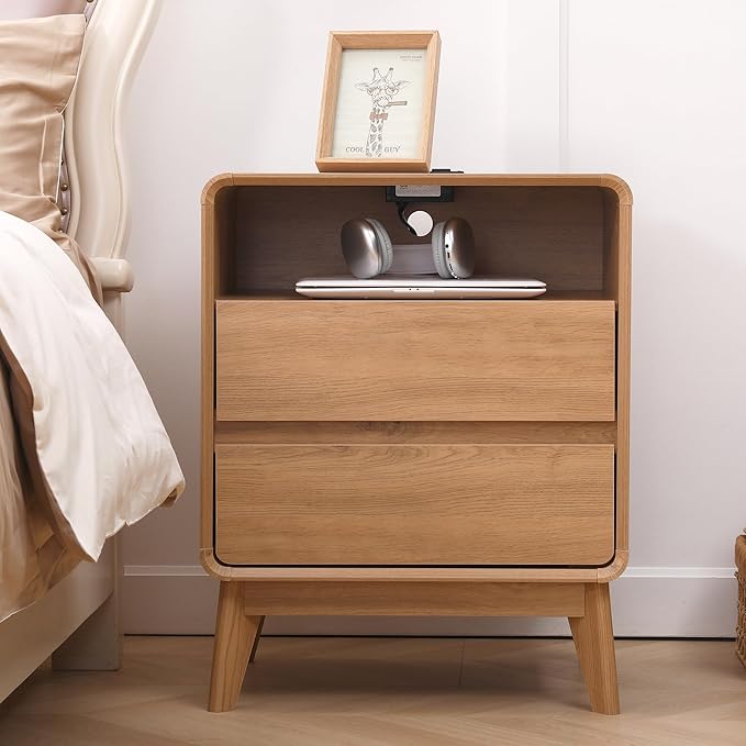 GlowVitaHome Nightstand, Wood Bedside Table with 2 Drawers and Open Storage Shelf, Accent End Table with Solid Wood Legs for Bedroom,Nature