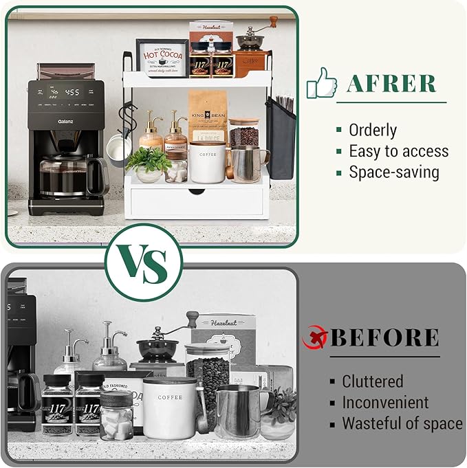 Coffee Station Organizer for Counter, Condiment Storage Caddy for Kitchen with Hooks and Bag,2 Tier Wooden Shelf for Coffee Bar Accessories,Coffee Bar Organizer for Kitchen, Home, Office-White