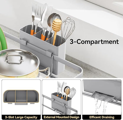 TOOLF Large Dish Drying Rack for Kitchen Counter,Kitchen Dish Racks with Drainboard,Sink Dish Strainer Rack,Countertop Dish Drainer Rack with Cup & Utensil Holders,Gray