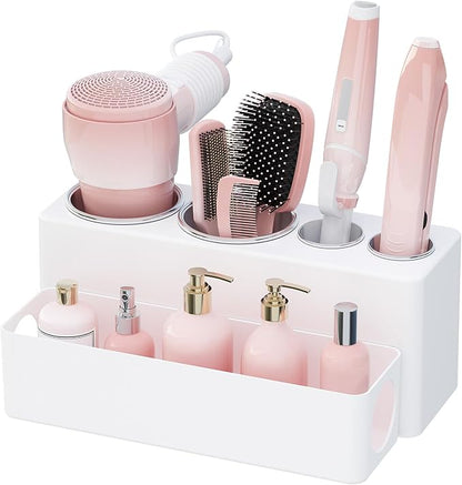 Lifewit Hair Tool Organizer Countertop, Removable Blow Dryer Holder for Bathroom Vanity, Acrylic Hot Tools Organizer Storage for Hair Dryer, Curling Iron, Brush, Straightener, 4 Stainless Cups, White