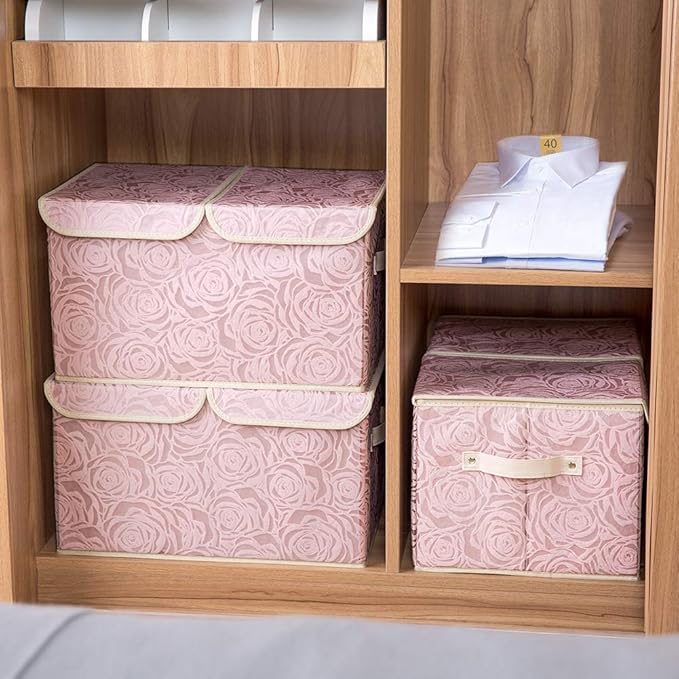 PRANDOM Large Stackable Storage Bins with Lids Fabric Decorative Storage Box Cubes Organizer Containers Baskets with Cover Handles Divider for Bedroom Closet Living Room 17.3x11.8x9.8 Inch 3 Pack