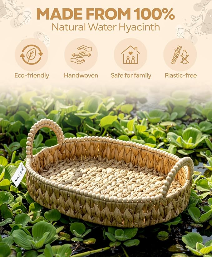 Handwoven Water Hyacinth Storage Baskets for Toilet, Living Room, Nursery Organization - Natural Oval Set of 3 Versatile Nesting Baskets with Scalloped Edge Design & Handles