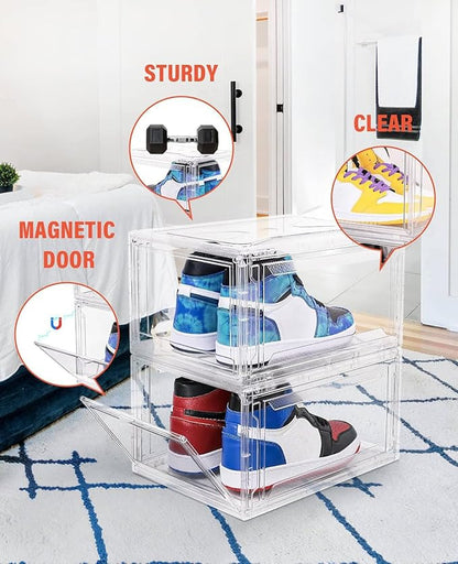 Clear Shoe Boxes Stackable 10 Pack Shoe Storage for Sneakerheads, Front Opening Shoe Organizer, Magnetic Door, Strong and Sturdy Fit for Large Size Shoes 14.96 x 10.24 x 7.87 inches
