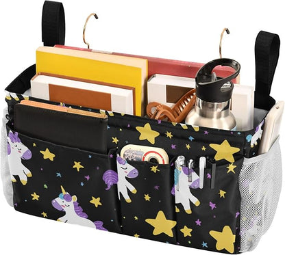 CuwrYet Bedside Caddy Hanging Bunk Bed Caddy Bed Organizer Hanging Pocket with 2 Hooks Bedside Storage Organizer Pocket Bag Holder Cute Unicorns Hearts Black